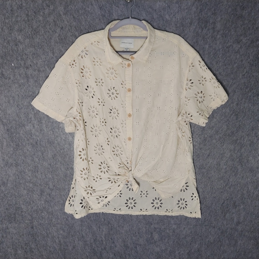 American Eagle Women Cotton Eyelet Button Down Shirt XL Cream Cottagecore Boho